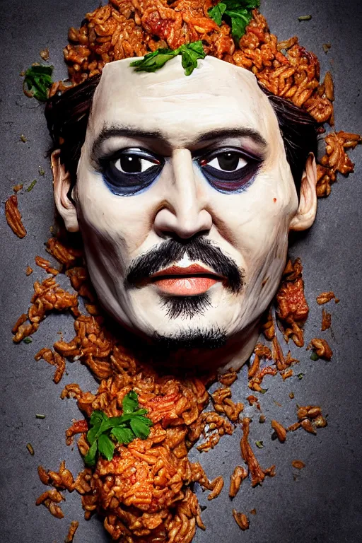 Image similar to johnny depp made out of jambalaya, a human face made out of a bowl of jambalaya, professional food photography