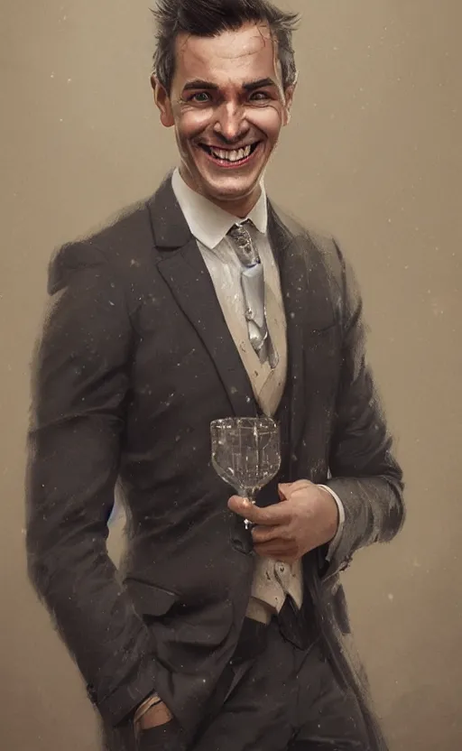 Prompt: Portrait of a smiling man wearing a suit, male, cheerful, jolly, detailed face, victorian, highly detailed, cinematic lighting, digital art painting by greg rutkowski