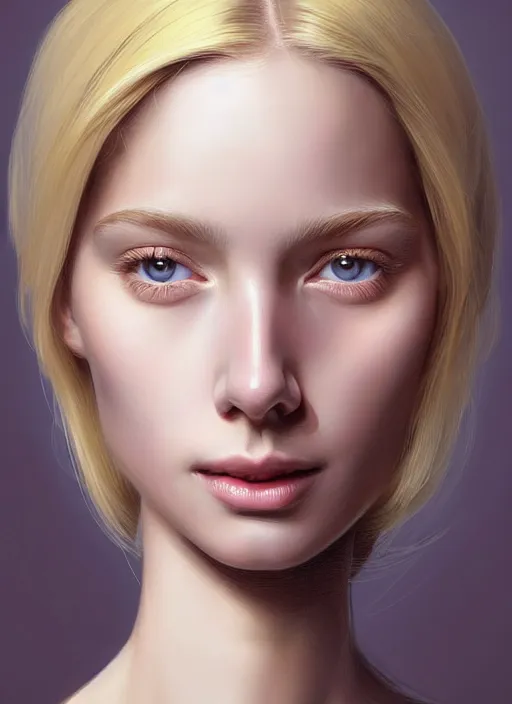 Image similar to beautifully symmetrical face, portrait of young woman blessed with ever - increasing physical and mental perfection, realism, blonde hair, coquettish perfect face!! intricate, elegant, highly detailed, vision of holy perfection!! smile, digital painting, artstation, concept art, smooth, sharp focus, illustration, art by artgerm and greg rutkowski and alphonse mucha