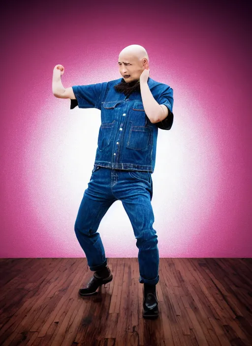 Prompt: japanese man with bald head and beard wearing short denim and leather clothes dancing next to a rainbow, full body portrait, dynamic lighting