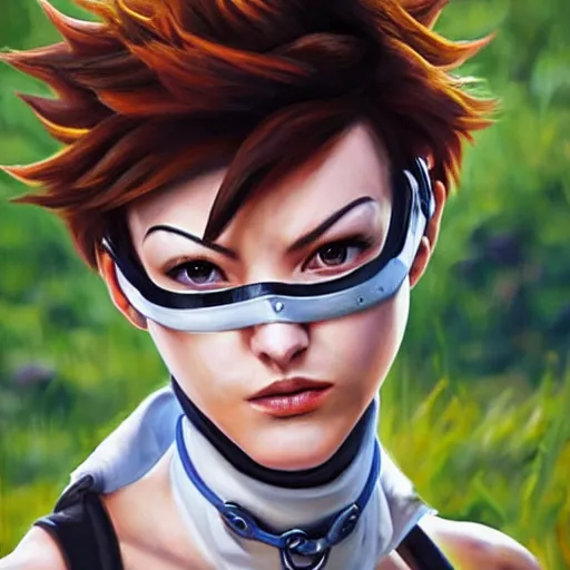 Prompt: oil painting of tracer overwatch in a field wearing spiked collar around neck, in style of mark arian, expressive face, detailed face, detailed eyes, full body, feminine face, tracer overwatch,