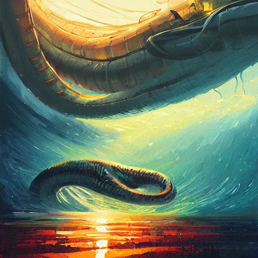 Image similar to a painting of a large coiled leviathan, by alena aenami and greg rutkowski