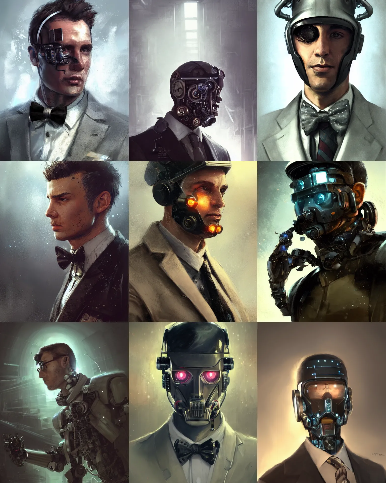 Image similar to a rugged young engineer man with cybernetic enhancements wearing a suit and bowtie, detailed face with visor, scifi character portrait by greg rutkowski, esuthio, craig mullins, 1 / 4 headshot, cinematic lighting, dystopian scifi gear, gloomy, profile picture, mechanical, half robot, implants, steampunk