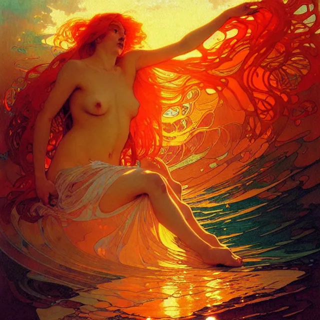 Prompt: ocean waves of glossy psychedelic liquid honey drops flowing like translucent amber, lsd waves, lsd ripples, backlit, sunset, refracted lighting, art by collier, albert aublet, krenz cushart, artem demura, alphonse mucha