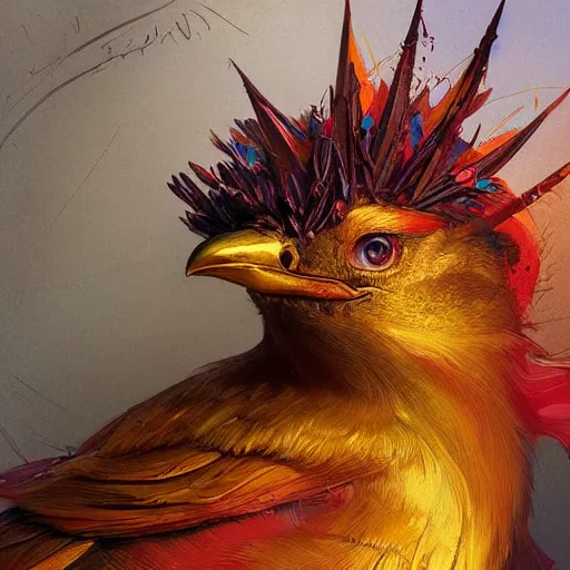 Prompt: close up of colorful bird, golden crown, dark, rusty, highly detailed, digital painting, artstation, concept art, smooth, sharp focus, illustration, art by artgerm and greg rutkowski and alphonse mucha
