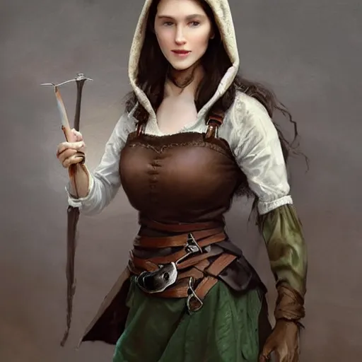 Prompt: a beautiful woman, beauty, high cheek bones, half onesided smile, mischievous, bard, brown hair, messy hairstyle, short hair, cream colored peasant shirt, brown pants, leather boots, dark green cloak, round hood, elf ears, youthful, white background, proportionate, by Greg Rutkowski and Tony Sart, trending on artstation, realistic, highly detailed, masterpiece