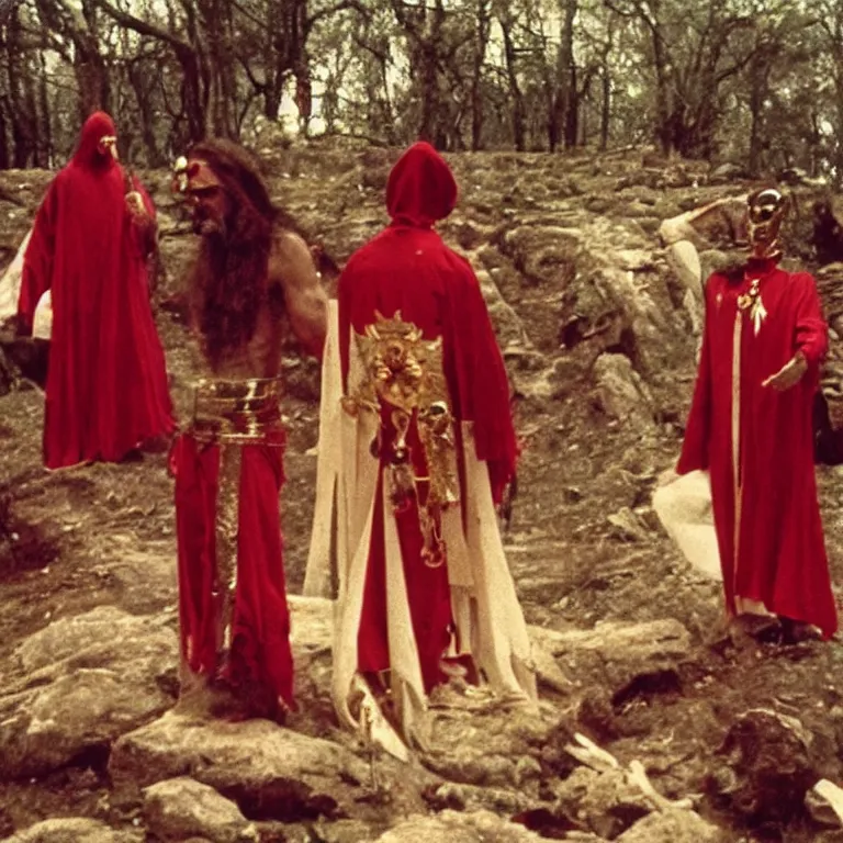 Prompt: pov low quality video of a man being sacrifice by a member of an esoteric cult, by Andrei Tarkovsky wear heavy red ornemental costume and elongate gold mask and jewels, detailed precise cinematic
