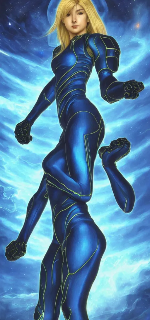 Image similar to perfectly detailed samus aran tarot card!! blessed by sci fi space with ever - increasing physical mental perfection, symmetrical! intricate, tight blue spandex full body suit, sensual features, highly detailed, biblical divine holy perfection!! digital painting, artstation, concept art, smooth, sharp focus, illustration, art by artgerm and greg rutkowski and alphonse mucha