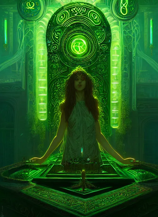 Image similar to portrait of the goddess of life, green glowing runes, overgrown altar, intricate, elegant, glowing lights, highly detailed, digital painting, artstation, concept art, smooth, sharp focus, illustration, art by wlop, mars ravelo and greg rutkowski