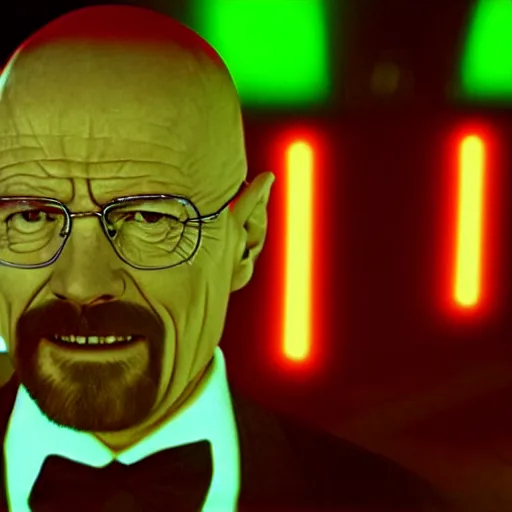 Prompt: walter white in a white tuxedo, laughing in a night club, neon lights and laser show