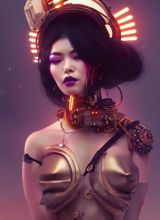 Image similar to soft lustrous ebony geisha seductive raver steampunk space cowgirl cyborg, golden ratio, details, scifi, fantasy, cyberpunk city, intricate, decadent, highly detailed, octane render, digital painting, artstation, concept art, sharp focus, illustration, art by artgerm, loish, wlop