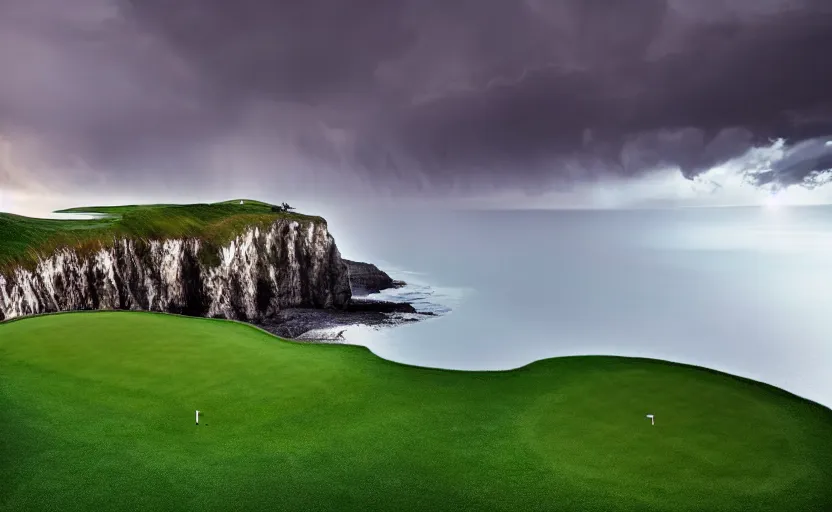 Prompt: a great photograph of the most amazing golf hole in the world, rainy day during lightning storm, cliffs by the sea, perfect green fairway, human perspective, ambient light, 5 0 mm, golf digest, top 1 0 0, fog