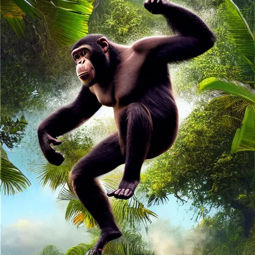 Image similar to Angry Chimpanzee Jumping, Epic Jump, Cinematic Photo, Cinematic Shot, Jungle, Foliage Boris Vallejo, Epic, 8k resolution, ArtStation, Hyperrealistic