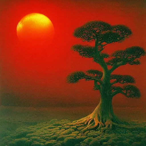 Prompt: a giant bonsai tree with a glowing red full moon paintet by beksinski, oil painting, moody, volumetric light