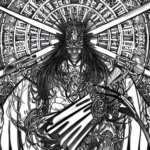 Image similar to highly detailed perspective drawing black and white goetic pen and ink manga panel by hiroya oku!! mucha sword concept art design