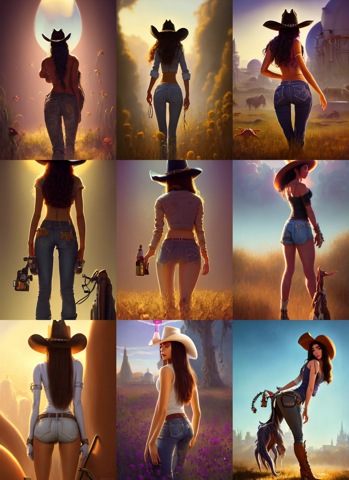 Prompt: biotech madison beer cowgirl | from behind | glamorous oily soft polished rich tart ornate modern | weta disney pixar movie still photo | hi - fructose, sci fi fantasy, divine proportion, smooth, octane render, sharp focus, artstation, concept art | beeple, rhads, rutkowski, artgerm, mucha, wlop, loish |