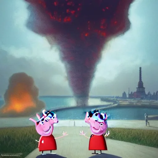 Image similar to Peppa Pig plays in front on a large nuclear explosion that has created a large nuclear mushroom and is totally oblivious to the fact that the city is in flames and everyone die. Elegant, intricate, digital painting, artstation, concept art, smooth, sharp focus, illustration, art by artgerm and greg rutkowski and alphonse mucha