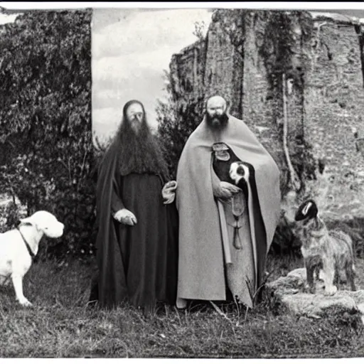 Prompt: photo of breton monks looking like rasputin on athos, with a dog and a goat