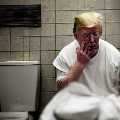 Image similar to a disheveled Donald Trump crying profusely in prison clothing sitting on a toilet in prison. wide angle. The floor is covered in garbage. candid photograph.