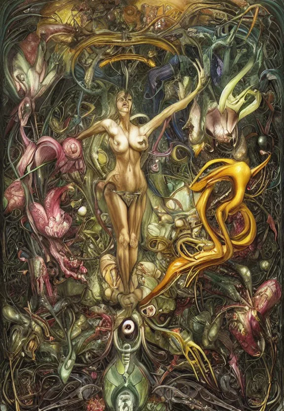 Image similar to simplicity, elegant, colorful muscular eldritch orchids, lilies, flowers, bodies, neon, radiating, honeybees, mandalas, by h. r. giger and esao andrews and maria sibylla merian eugene delacroix, gustave dore, thomas moran, pop art, giger's biomechanical xenomorph, art nouveau