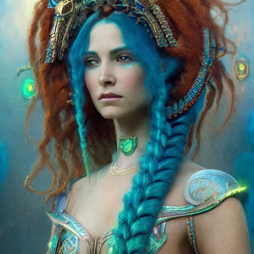 Prompt: octane render, artstation, 8 k, intricate detail, hyper detail, portrait by gaston bussiere, tan skin lady of elche, egyptian sumerian features, techno mystic goddess princess intergalactica inanna with aqua neon rapunzel dreadlocks,