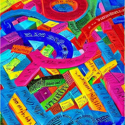 Prompt: a vivid painting. a cityscape made out of letters of the alphabet. beautiful colours. trending on artstation.