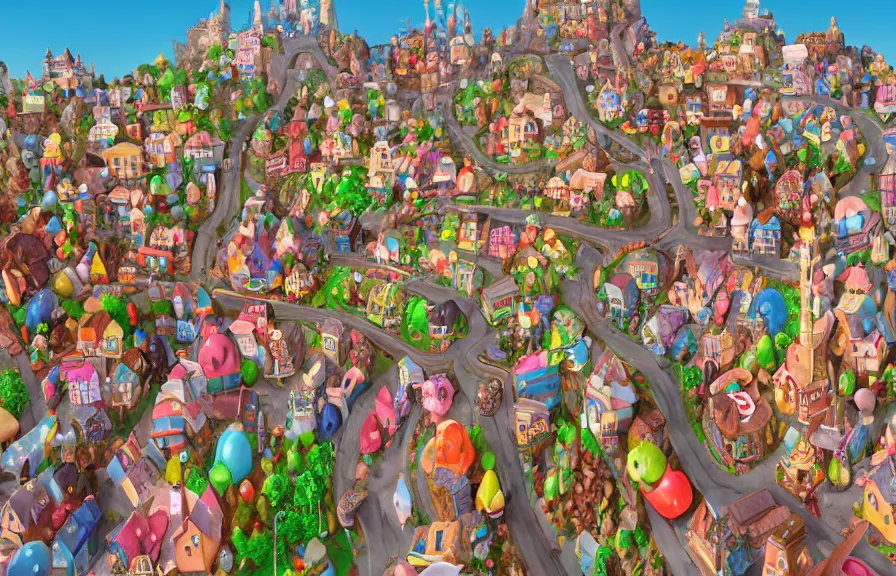 Prompt: town made of candy, artstation, ghibli studio, pixar, dreamworks, disney, epic composition, unreal engine, intricate details