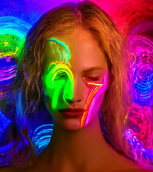 Image similar to lightpainting luminescent portrait, diffuse luminescent lightpainting, intricate wiccan rainbow lightpainting, elegant light, highly detailed zen prisms, lifelike, fully photorealistic, artstation, luminescent beautiful concept art, smoothened, sharp luminescent focus, sharp art by john collier, michael bosanko