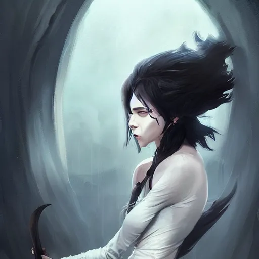 Image similar to female human vampire witch in the style of greg rutkowski, makoto shinkai, trending on artstation, character design, concept art, pretty face, highly detailed, long black hair, portrait, digital art