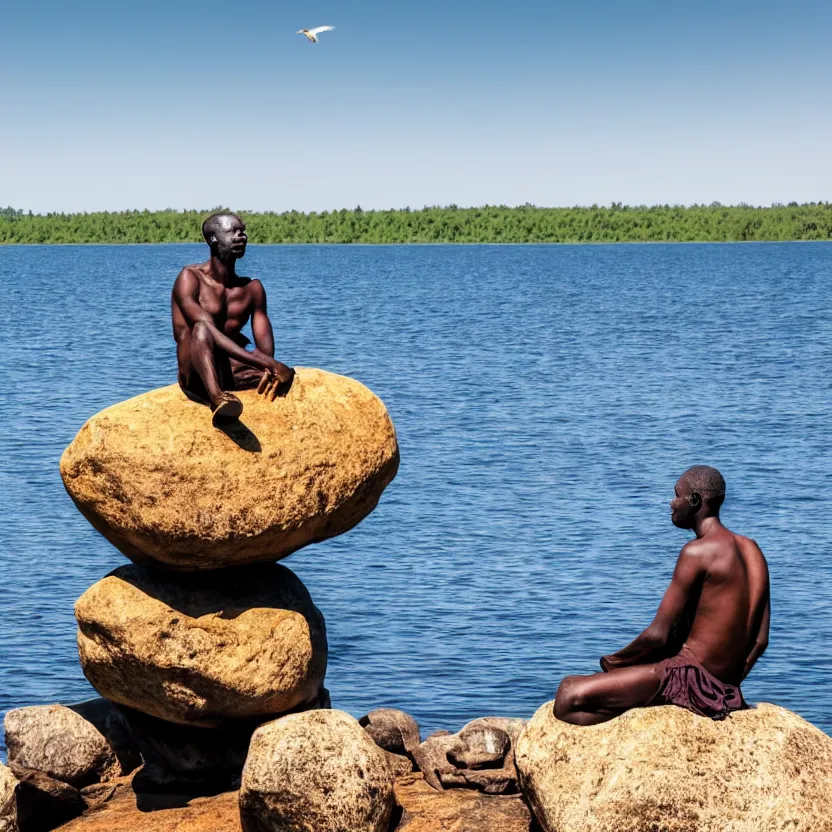 Prompt: an african man with wings sitting upon a large rock in the middle of a calm lake.