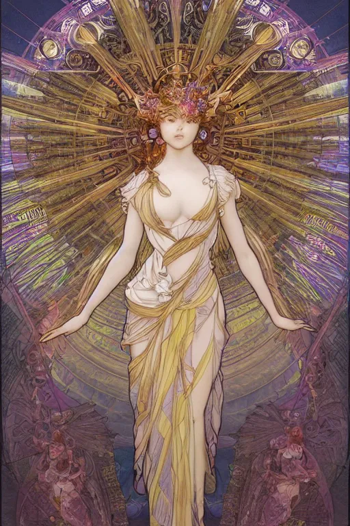 Image similar to goddess angel of tranquility，hyper detailed, character concept, full body, dynamic pose，intricate, lineart, cerpuscular rays, by yoshitaka amano, alfons mucha, 4k