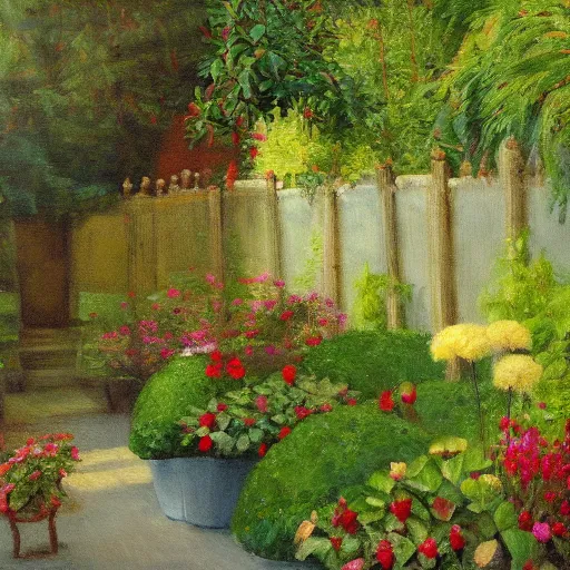 Prompt: A soft painting of a warm garden, low detail