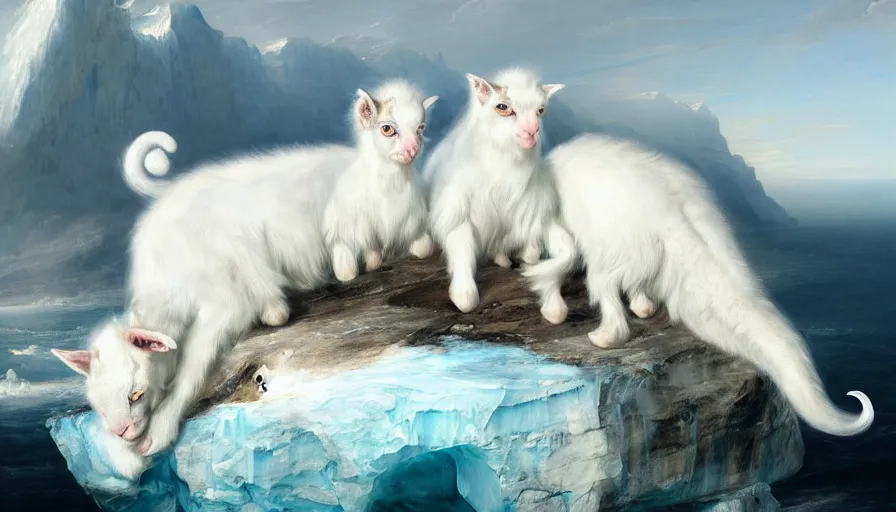 Prompt: highly detailed painting of white giant majestic chimera goat kitten seals on a blue and white iceberg by william turner, by greg rutkowski, by william constable, thick brush strokes and visible paint layers, 4 k resolution