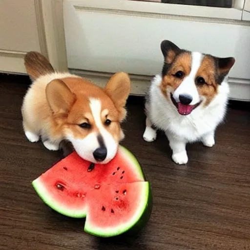 Image similar to a happy corgi eating watermelon while sad cat watches