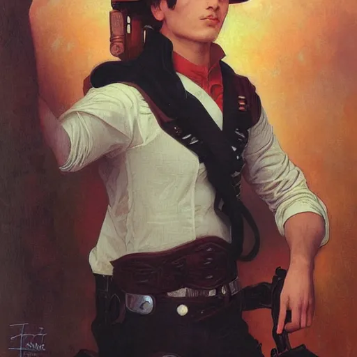 Image similar to a vintage portrait painting of a fantasy male gunslinger, art by tristan eaton and artgerm and william - adolphe bouguereau