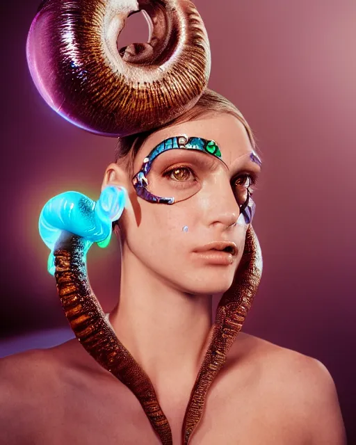 Image similar to natural light, soft focus portrait of a cyberpunk anthropomorphic snail with soft synthetic pink skin, blue bioluminescent plastics, smooth shiny metal, elaborate ornate head piece, piercings, skin textures, by annie leibovitz, paul lehr