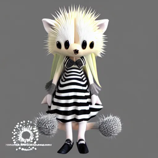 Image similar to cute fumo plush of a hedgehog girl with prickly spines, character design contest winner, silhouette, artstation, vray, anime girl, black and white, striped gothic dress