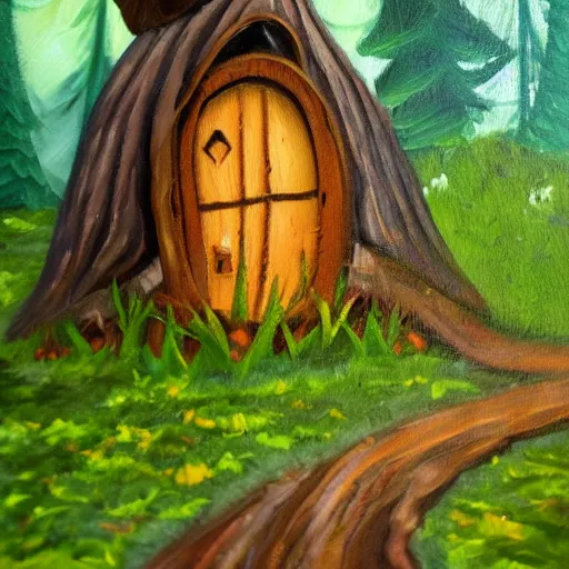 Prompt: tiny cute witch hut, hidden in beautiful forest, oil painting, natural colours