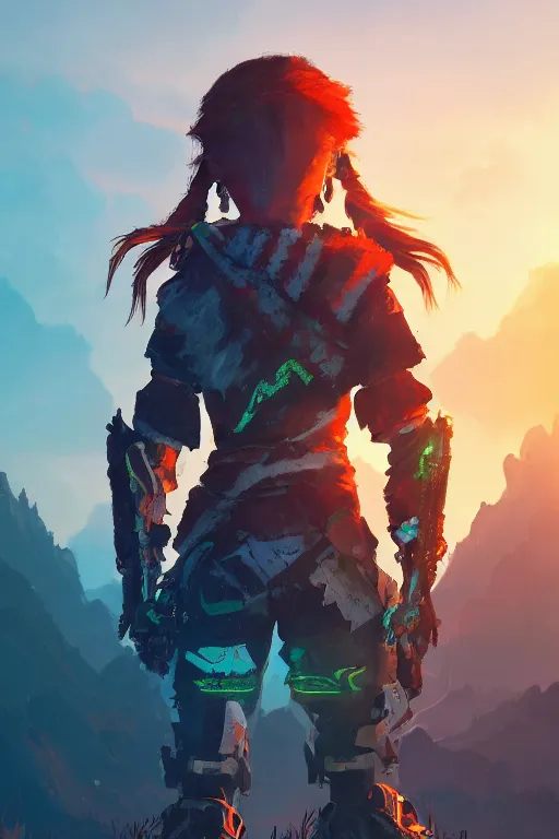 Image similar to combination suit armor aloy horizon forbidden west horizon zero dawn radiating a glowing aura global illumination ray tracing hdr fanart arstation by ian pesty and alena aenami artworks in 4 k tribal robot ninja mask helmet backpack