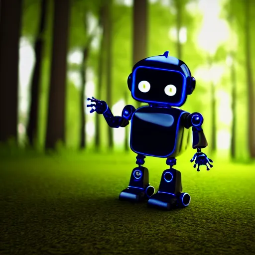 Image similar to a cute little robot in a wood. super realistic 8 k render of a dark hooded powerful elegant, cinematic composition