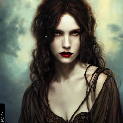 Image similar to majestic gracious regal aristocratic brunette female vampire portrait, indoors setting, atmospheric lighting!!, painted, menacing, intricate, beautiful, rich deep colours masterpiece!!, ( golden hour ), sharp focus!, ultra detailed, by leesha hannigan, ross tran, thierry doizon, kai carpenter, ignacio fernandez rios