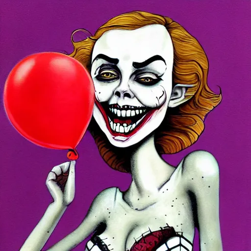 Image similar to grunge cartoon painting of margot robbie with a wide smile and a red balloon by chris leib, loony toons style, pennywise style, corpse bride style, horror theme, detailed, elegant, intricate