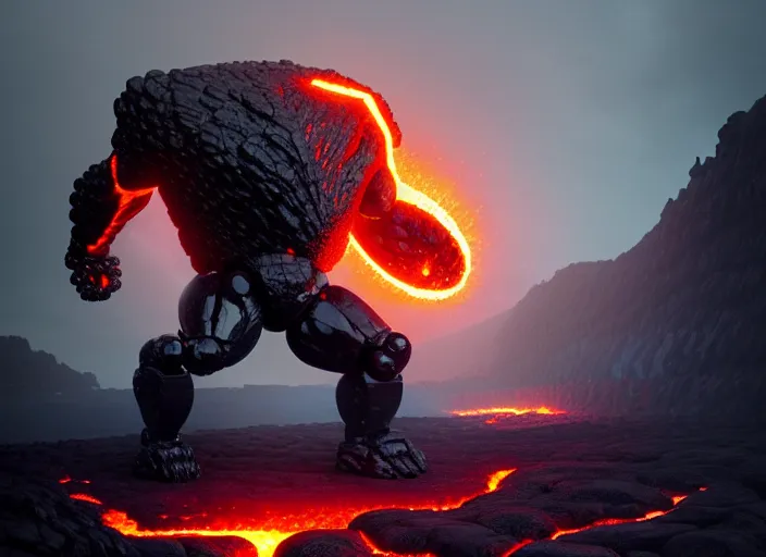 Image similar to epicly designed very muscular stone obsidian robot with human body fighting a deadly beast made from lava with background by greg rutkowski, trending on artstation