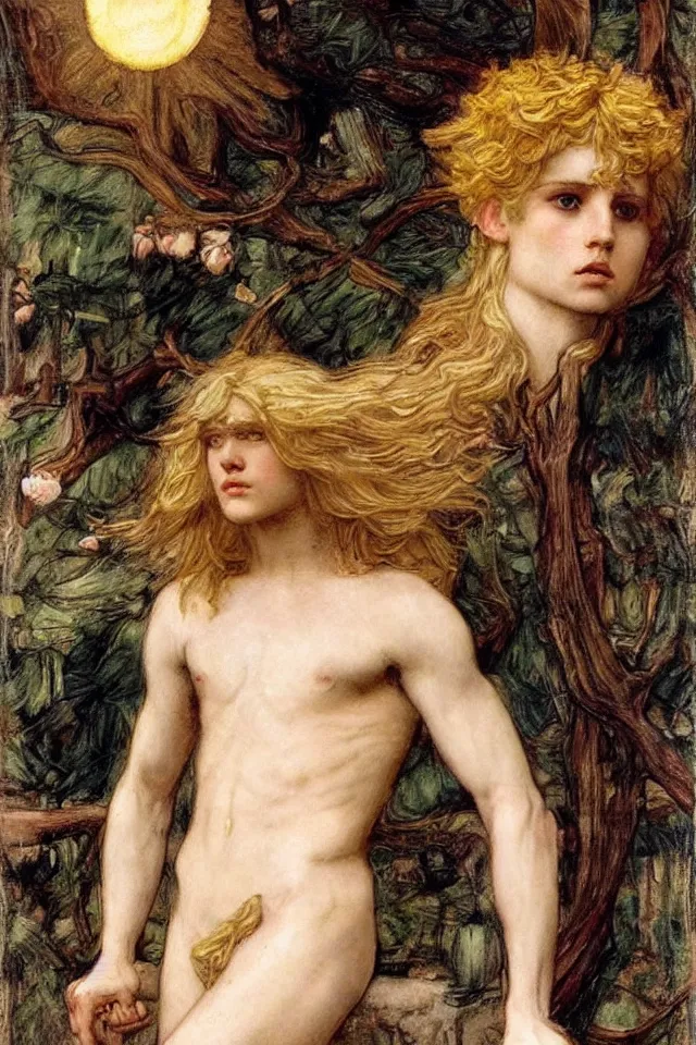 Prompt: beautiful blond androgynous prince Lucius depicted as Apollo the Sun God by john william waterhouse, preraphaelite style, long fluffy blond curly hair, pale porcelain white skin, detailed, defined, chiaroscuro