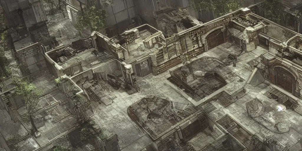 Prompt: small architectural floor plan gears of war map meets architectural floor plan call of duty map, symmetrical outpost