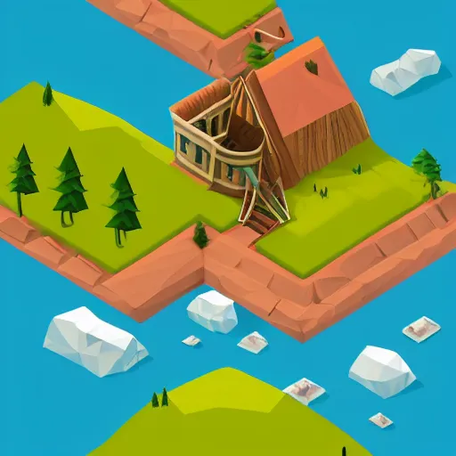 Image similar to small fantasy town, view from above, isometric, stylized, low poly, river, watermill
