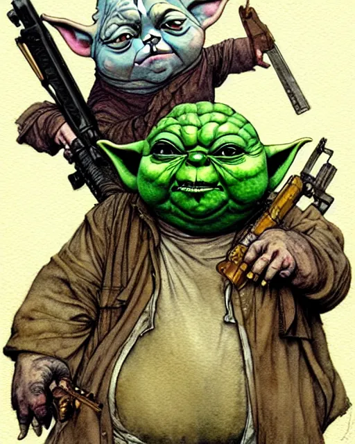 Image similar to a realistic and atmospheric watercolour fantasy character concept art portrait of a fat adorable dirty chibi yoda wearing a wife beater and holding a handgun, by rebecca guay, michael kaluta, charles vess and jean moebius giraud