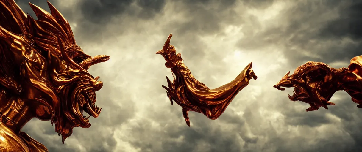 Prompt: God fighting The Devil by Gabriel Garcia Marquez, symmetrical, centered, dramatic angle, ornate, details, smooth, sharp focus, illustration, realistic, cinematic, artstation, award winning, rgb , unreal engine, octane render, cinematic light, macro, depth of field, blur, gold and red light and clouds from the back, 8K,