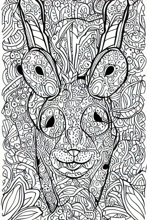 Prompt: bunny head, ornaments, closed shapes, outlines, ink drawing, line art colouring page