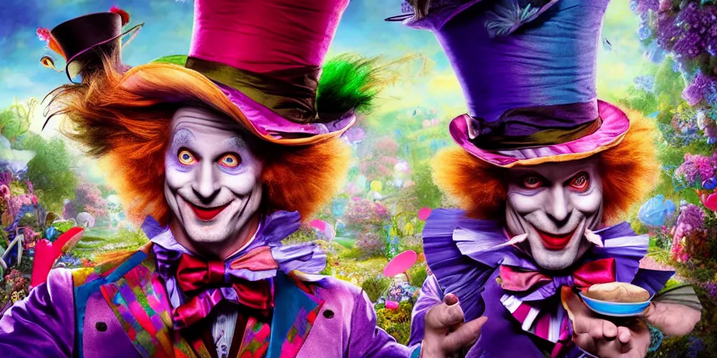 Image similar to The Mad Hatter, Alice in wonderland, colorful, wide angle, super highly detailed, professional digital painting, artstation, concept art, smooth, sharp focus, no blur, no dof, extreme illustration, Unreal Engine 5, Photorealism, HD quality, 8k resolution, cinema 4d, 3D, beautiful, cinematic, art by artgerm and greg rutkowski and alphonse mucha and loish and WLOP